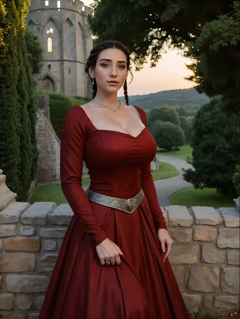 Gorgeous and sultry busty athletic (thin, slim, petite) brunette queen with sharp facial features wearing a dark red medieval dress, long sleeves, intricate patterns, scrollwork, wide neck, long dress, modest dress, tight bodice, silver dangle chain, (wais...