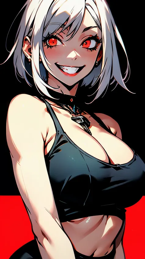 best quality, realistic:1.37, ultra-detailed, an anime girl in the summer, white hair, short hair, tomboy hair, red eyes, detailed eyes, beautiful, smile, laugh, bright smile, charming, black tank top, large breasts