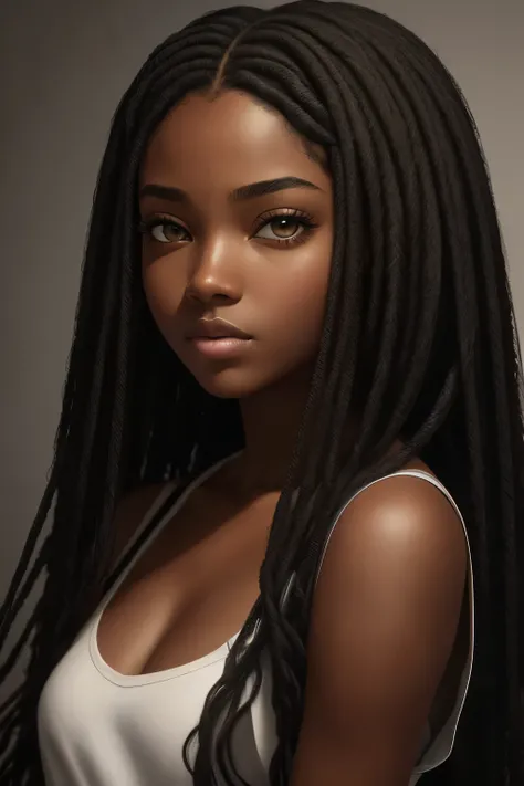 A painterly interpretation of a Black girl, showcasing photorealistic eyes that radiate depth and emotion, her skin glistening with a warm, rich hue. Her straight, black hair is styled with a modern hip-hop flair, falling in delicate waves around her shoul...