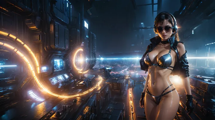 (((aerial view))), Blade Runner style futuristic space station platform, neon lights, rainy night. (1girl, solo, alone), large-breast:1.2 slim body, cleavage:1.1, sexy laced lingerie with wet jacket, headphone, (black sunglasses), (((she raised a pistol:1....