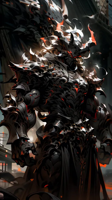 a demonic figure in black armor, muscular build with long horns, glowing red eyes, fists wreathed in fire, expelling smoke from ...