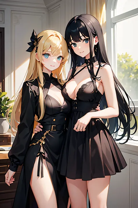 2 girls, masterpiece, best quality, detailed clothes, one girl has green eyes, black hair, long hair, bangs, with large breasts, and is wearing a pretty black and gold dress with a skirt, and is smiling, the other girl is a young, blonde haired girl with b...