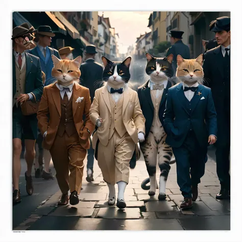 there are many gatos walking down the street in Se adequa, all the people are wearing Se adequa, bem vestida, new gatos movie, homens de smoking, gatos , gatos, elegante, bem vestida, meeting of the gatos, passarela, gangue de peaky blinders, cavalheiro, w...