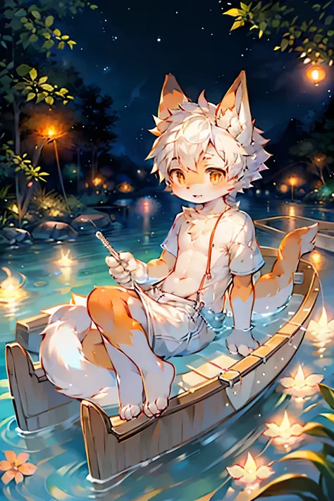 Lake bright background，Fox Boy，Furry boys，Infant and child characteristics，Orange Skin，White hair，White Arm，White clothes，shorts，boating