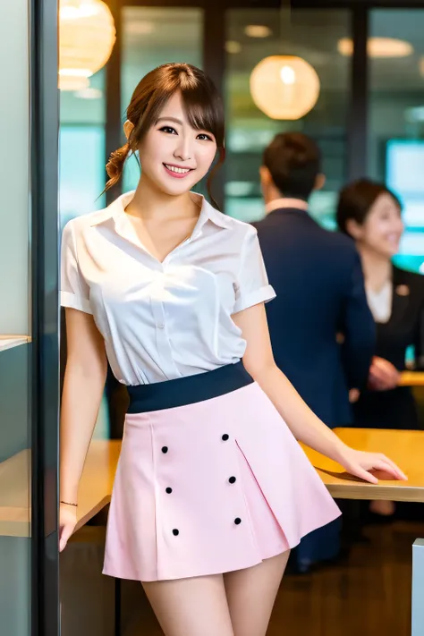 Multinational Group Office Reception Background,1girl, office, ((((solo)))),(((cute transparent skirt))), office_lady ,Japanese girl, smiling at customers,Summer, showing arms, realistic, photos, live, real people, real shots, 4K, many details, rich detail...