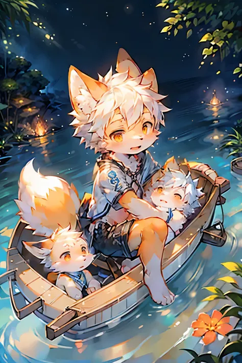 Lake bright background，Fox Boy，Furry boys，Infant and child characteristics，Orange Skin，White hair，White Arm，Brave Suit，shorts，boating