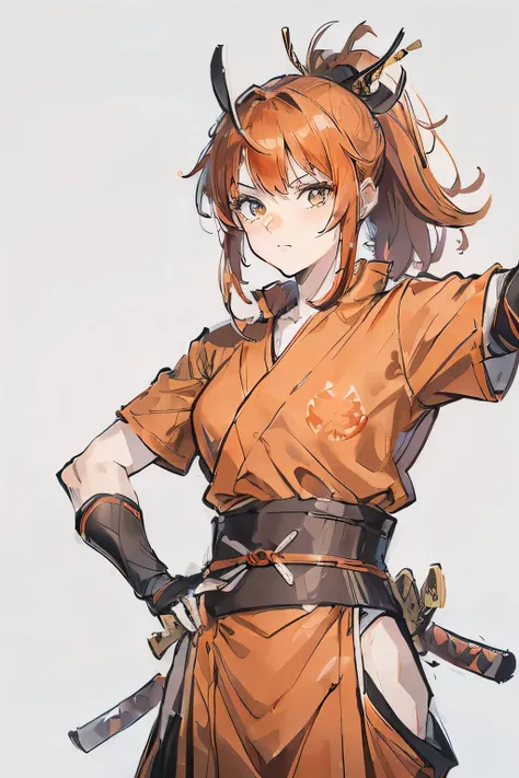 Ninjagirls, a orange  haired , wearing a red Samurai armor, medium hair, fashion hair, ninja armor, Slim body, shirt ornament, Likewise, tall 187cm, 21yearold, Samurai, katana, female, beautiful