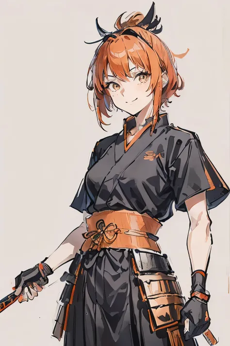 Samuraigirls, a orange  haired , wearing a black Samurai armor, short hair, fashion hair, ninja armor, Slim body, black shirt ornament, Likewise, tall 187cm, 21yearold, Samurai, katana, female, beautiful, smile