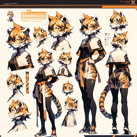 standing, solo, furry female, good fingers, waai_fu_arknights, round glasses, animal ears, short hair, large breasts, muscle, tail, orange eyes, tiger girl, hair between eyes, thin arms, thin legs, tiger_ears, tiger_tail,capelet ，thighhighs ，armwear ，pelvi...