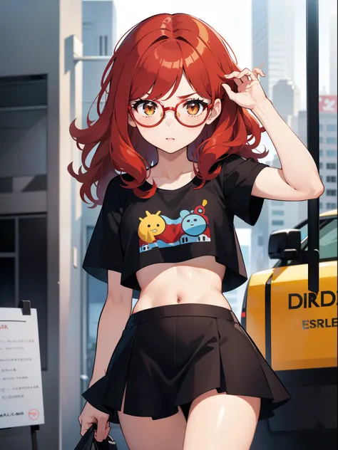 1 girl, Red hair, medium length hair, curly hair, freckles, mad face, circle glasses, yellow glasses, brown eyes, body shape, short skirt, cropped t-shirt, belly showing, black skirt, blue shirt