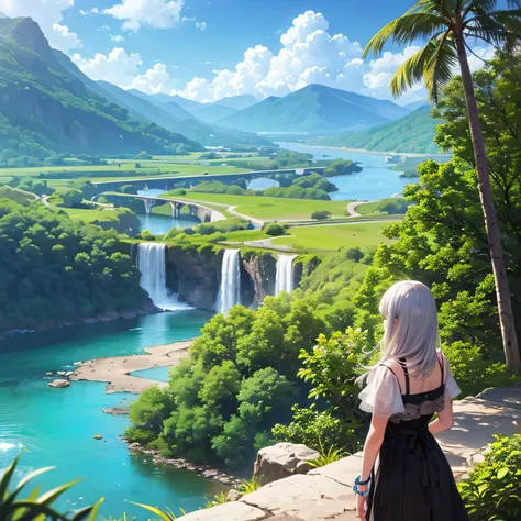 1girl, blue sky, bracelet, bush, cloud, coral, day, fish, forest, grass, jewelry, lake, mountain, nature, outdoors, overgrown, palm tree, plant, river, rock, scenery, silver hair, sky, solo, tree, vines, watch, water, waterfall, white hair