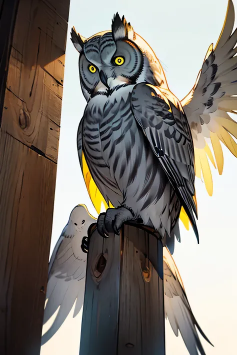 Great Grey Owl, white background, glowing yellow below wings and inside the eyes, divine, drawing, sitting on wooden pole