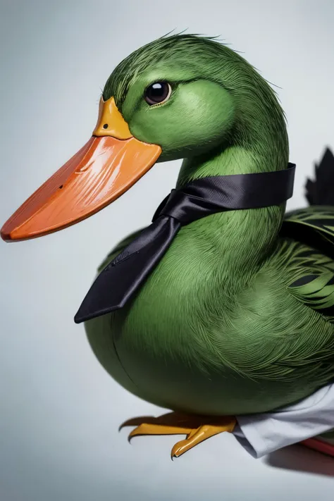 Create a logo of a green duck turning to the left that only shows half of its body with one hand clutching its tie 