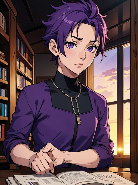 score_9, score_8_up, score_7_up, score_6_up, score_5_up, score_4_up, source_anime, 1boy, boy, lavender hair, purple eyes, , cute, short hair, disheveled, upper body, library, sunset, solo, (cool-kyou shinja), masterpiece, highres, 