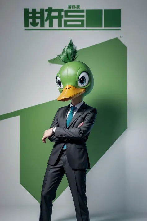 Create a logo of a cartoon green duck wearing a suit and turning to the left so that only half of the body is visible with one hand clutching his tie 