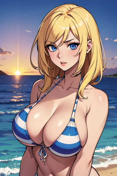 score_9, score_8_up, score_7_up, score_6_up, score_5_up, score_4_up, source_anime, 1girl, solo, blonde hair and clear, blue eyes, seductive, large breast cleavage, lilac and white striped bikini, bow on the bikini, beach, sunset, upper body, (cool-kyou shi...