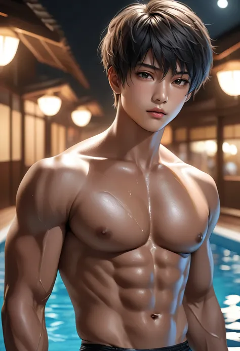 high quality, detailed, Realistic,(one 17 years old tanned japanese boys:1.5), (detailed black eyes), (black short hair), (muscle:1.5), (tanned dark brown skin), night pool in school, (black tiny thong), (bulge), (detailed nipples), detailed areola, best q...