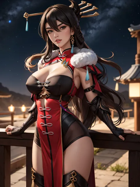 (beidou style) (adult) adult face and body, 1 woman,, bare abdomen, boob window widowmaker costumes, armor Big breasts blue  Long hair Looking for another Looking at viewer Night sky outdoors, cut bright lips, olhos vermelhos sentados no sky estrelado (sky...