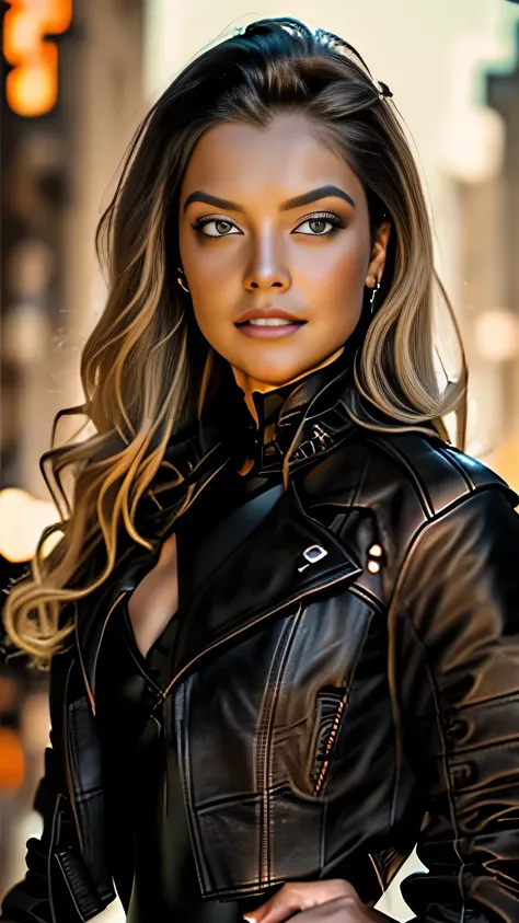 Long curly dark blonde hair, Gorgeous eyes, Detailed body､Detailed face､Detailed eyes､Detailed eyebrows､Captivating look, The line of sight is this、Big Tits, Cleavage, (Black leather jacket, Black leather leotard:1.5), Black high leg leotard, Stiletto heel...