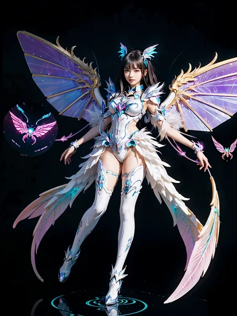 1girl, armor, wings, beautiful dragon, futuristic evolved nekomata, (neon glowing body), 2 tails, holographic, (the wings are sy...