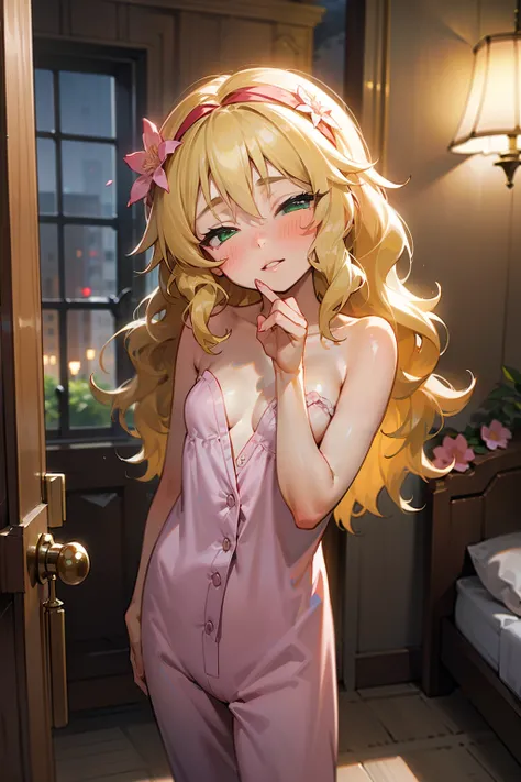 masterpiece,best quality, ultra-detailed,1girl(sakurai momoka, lovely small breasts, naked  body, wavy hair, long hair, blonde hair,  headband, pink flower in hair,green eyes,  half-closed eyes), a charming face,   parted lips, nose blush, blush, facing vi...