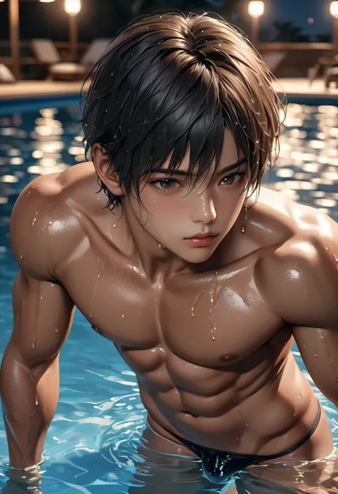 high quality, detailed, Realistic,(one 17 years old tanned japanese boys:1.5), (detailed black eyes), (black short hair), (muscle:1.2), (tanned dark brown skin), night pool, (black tiny thong), (bulge), (detailed nipples), detailed areola, best quality, 4k...