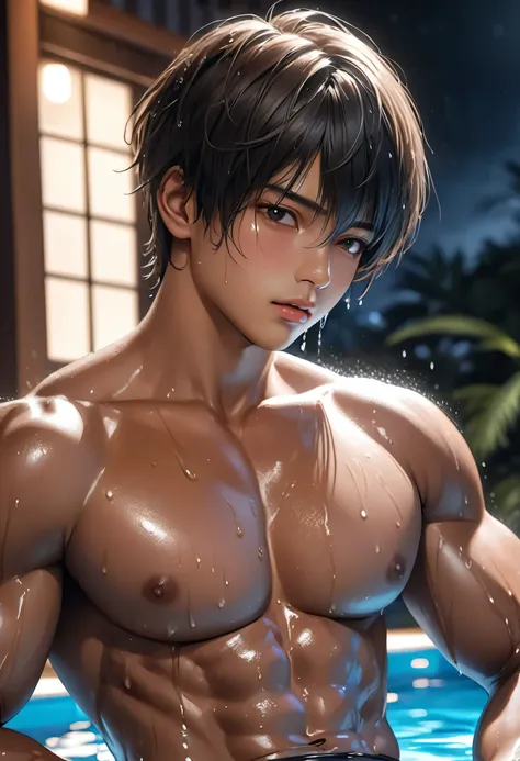 high quality, detailed, Realistic,(one 17 years old tanned japanese boys:1.5), (detailed black eyes), (black short hair), (muscle:1.2), (tanned dark brown skin), night pool, (black tiny thong), (bulge), (detailed nipples), detailed areola, best quality, 4k...