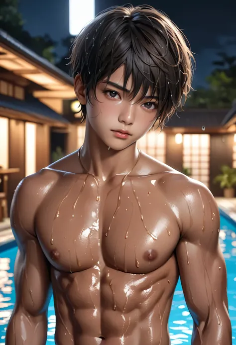 high quality, detailed, Realistic,(one 17 years old tanned japanese boys:1.5), (detailed black eyes), (black short hair), (muscle:1.2), (tanned dark brown skin), night pool, (black tiny thong), (bulge), (detailed nipples), detailed areola, best quality, 4k...