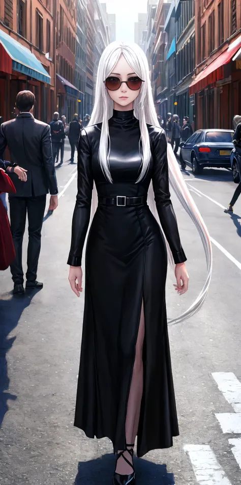 Ultra Quality, Shiny Skin, Atmospheric, 8K, Cinematic ((Street background)) BREAK ((Long White Hair)) narrowed black eyes, long black dress, fingers crossed, sunglasses