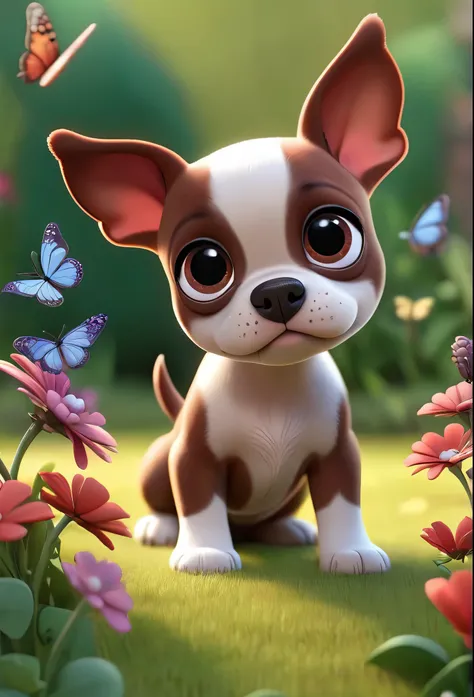Adorable small red boston Terrior puppy playing at park butterflies and flowers in background 3D Pixar style