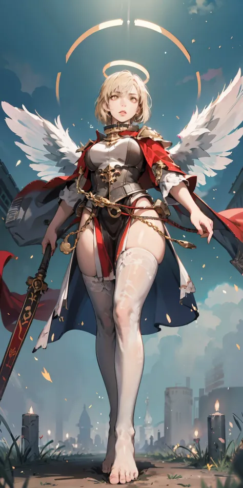 Tiffany Towers, low angle, from below, paladin templar lady in white tabard, legwear, glowing yellow eyes, collar, golden chainmail, wide hips, barefoot, angel wings, pauldrons, halo, bob cut, blonde, eye focus, red cape, temple indoors, decorations, stain...