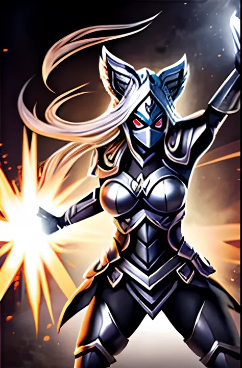 Silver female masked warrior overflowing power