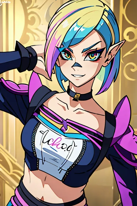 (punk zelda), short hair, multicoloured hair, piercing, makeup, crop top, choker, arm straps, (arrogant look), cheeky and bratty...