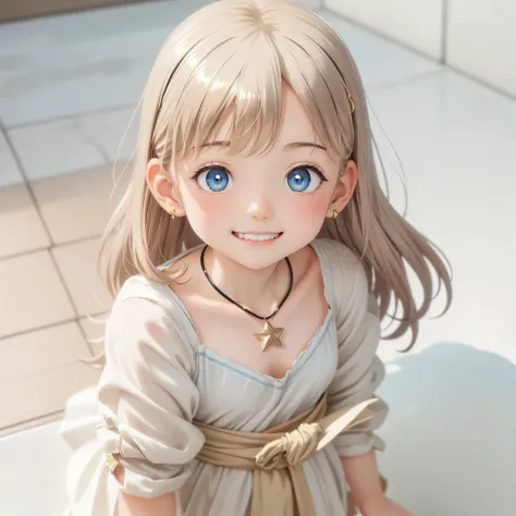 thin and soft hair、Dynamic、Earrings、necklace、Beautiful glowing white skin,、 bright, Refreshing and gentle look, Perfect beautiful pretty face, Shiny platinum blonde straight long hair reaching down to her waist, Beautiful shiny bangs, （（Very beautiful and ...