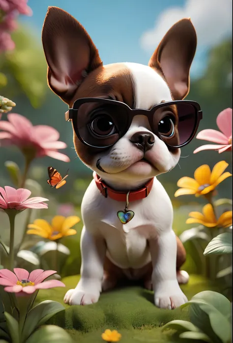 adorable small red boston terrior puppy playing at park wearing sunglasses playing at park butterflies and flowers in background...