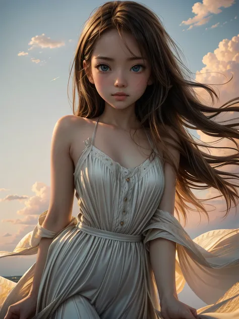 Beautiful detailed summer sky、Beautiful detailed summer clouds、Beautifully detailed girl jumping into the sky、Shooting from below、1 girl、Detailed eyes、Detailed face、Detailed skin、Graceful pose、no gravity、Shine、Ethereal、Cinematic lighting、Warm color palette...