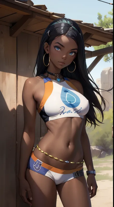 (masterpiece, Best Quality:1.2), cowboy shot, Alone, 1 girl, in this, Dark skin, mujer de Dark skin, slight smile, looking at the viewer, hand on hip, moño de un Alone cabello, swimsuit, bikini, jewelry, collar, earrings, belly chain, bracelet, diaphragm, ...