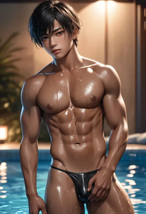 high quality, detailed, Realistic,(one 17 years old tanned japanese boys:1.5), (detailed black eyes), (black short hair), (muscle:1.2), (tanned dark brown skin), night pool, (black tiny thong), (bulge), (detailed nipples), detailed areola, best quality, 4k...