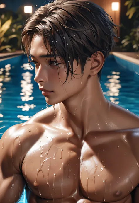 high quality, detailed, Realistic,(one 17 years old tanned japanese boys:1.5), (detailed black eyes), (black short hair), (muscle:1.2), (tanned dark brown skin), night pool, (black tiny thong), (bulge), (detailed nipples), detailed areola, best quality, 4k...