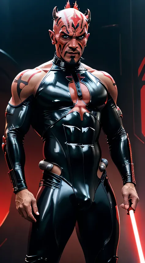 star wars dathomirian zabrak, darth maul, red skin, bald no hair, big chest pec muscles. wearing a tight glossy smooth full body black latex suit, in a star wars ship background, full body suit, big crotch bulge, bodysuit, covers entire body. hot seductive...