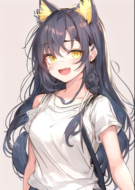 1girl, solo, long hair, looking at viewer, black hair, bandaid on face, yellow eyes, animal ears, smile, bandaid on nose, braid, cat ears, bandaid, bangs, breasts, fake animal ears, simple background, open mouth, fang, , bare shoulders, scar, teeth, shirt,...