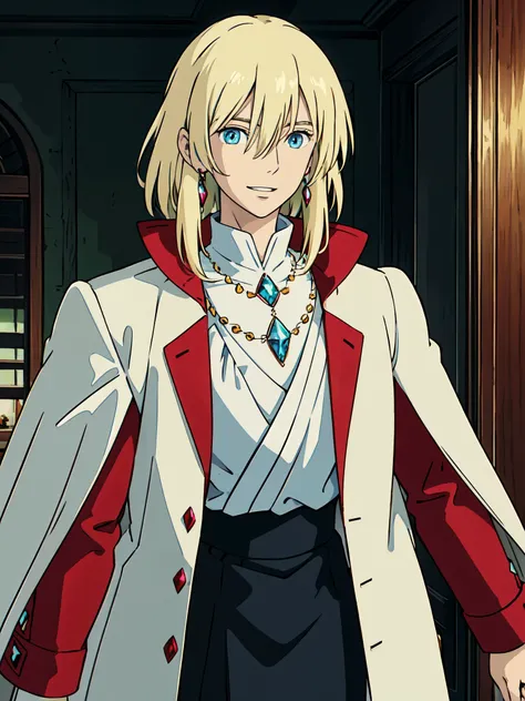 ghibli style, howl (howl no ugoku shiro), 1boy, bangs, blonde hair, blouse, blue eyes, coat, crystal earrings, earrings, hair between eyes, jewelry, long sleeves, looking at viewer, male focus, medium hair, necklace, parted lips, red coat, shirt, smile, so...