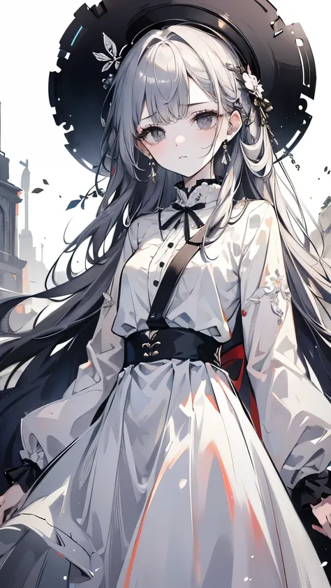 ((best quality)), ((masterpiece)), (detailed), Perfect face, Silver hair, Very long hair, black eyes, White long skirt, Sad face