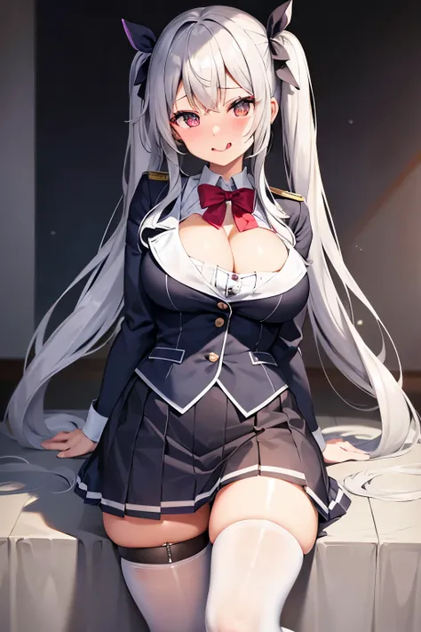 Large Breasts, Twin tails, Silver Hair, Stick out your tongue while blushing、high school girl、In uniform、The cleavage is visible