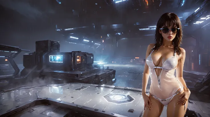 (((aerial view))), Blade Runner style futuristic space station platform, neon lights, rainy night. (1girl, solo, alone), large-breast:1.2 slim body, cleavage:1.1, sexy laced lingerie with wet jacket, (black sunglasses), (((she raised a pistol:1.8 and shot ...