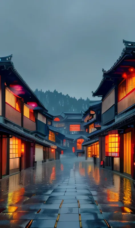 A view of the village with many lights on the buildings, Dreamy city in China, Chinese Village, Awesome Wallpapers, Japanese Street, Japanese Village, Ultra-realistic town photograph, Old Asian Village, Japanese cities, Raymond Han, Rainy night, Cyberpunk ...