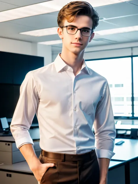 (Masterpiece, Hyperrealistic, 8k, HDR, RAW), ((Natural illumination)), ((Full body shot)), sunset illumination, (((Inside a tech lab, with machines at background))), ((Pretty boy)), American boy, ((Twink)), ((Pale skin)), 18 years old, ((Glasses)), ((Trans...