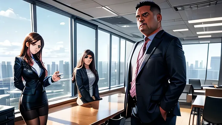 A slim young woman in her mid-twenties with long brown hair, standing in front of her boss, a middle-aged, slightly overweight man, in a modern office. The woman looks shocked and defensive, while the boss angrily points at her. The office is sleek and pro...