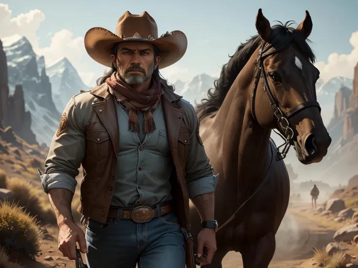 masterpiece, best quality, ultra detailed, Western Cowboy, tough guy, wandering in the wilderness, 