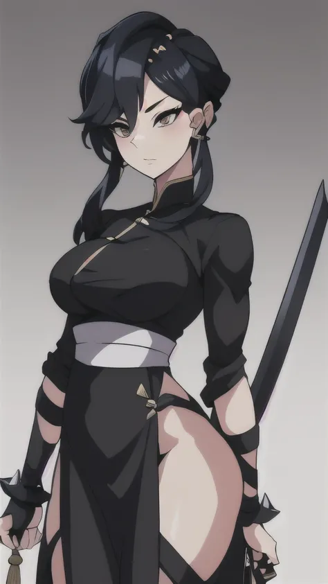 a drawing of a woman in a black outfit holding a sword, inspired by Kusumi Morikage, inspired by Kanō Hōgai, inspired by Kano Sanraku, inspired by Kawabata Ryūshi, Female Samurai, Japanese anime style, anime style character